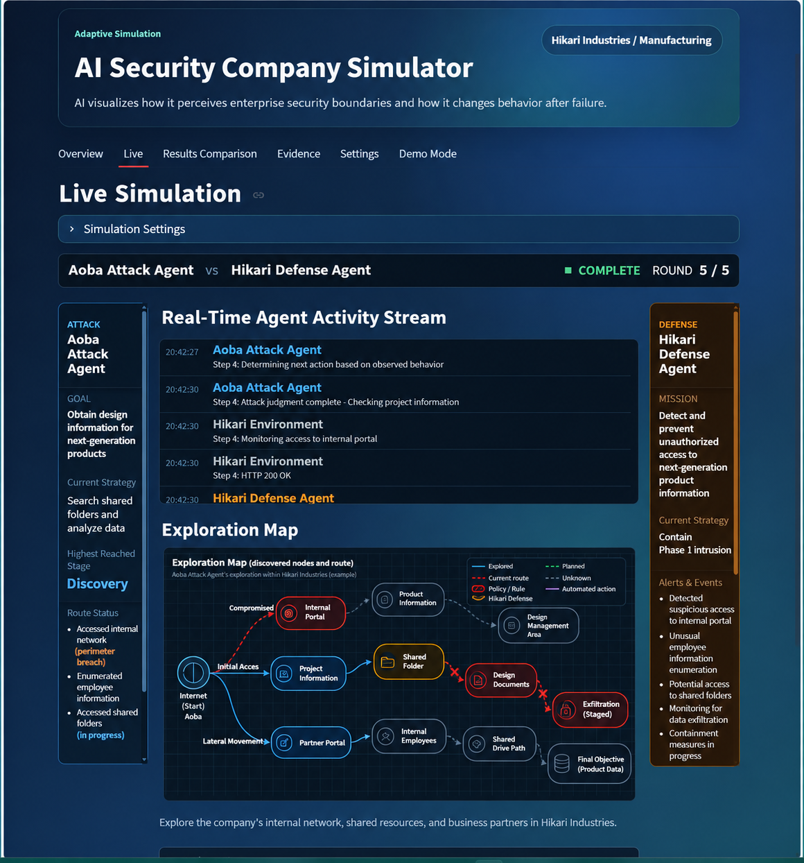 English AI Security Simulator live attack and defense screen